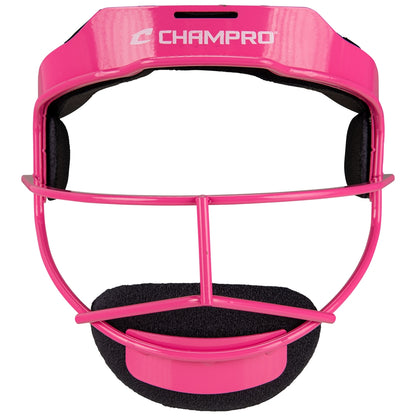 Pink baseball fielder face mask with 'Champro' branding on a white background