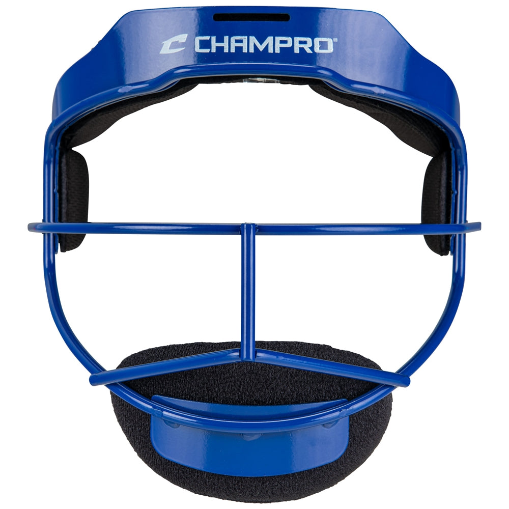Blue baseball fielder's face mask with 'Champro' branding on a white background