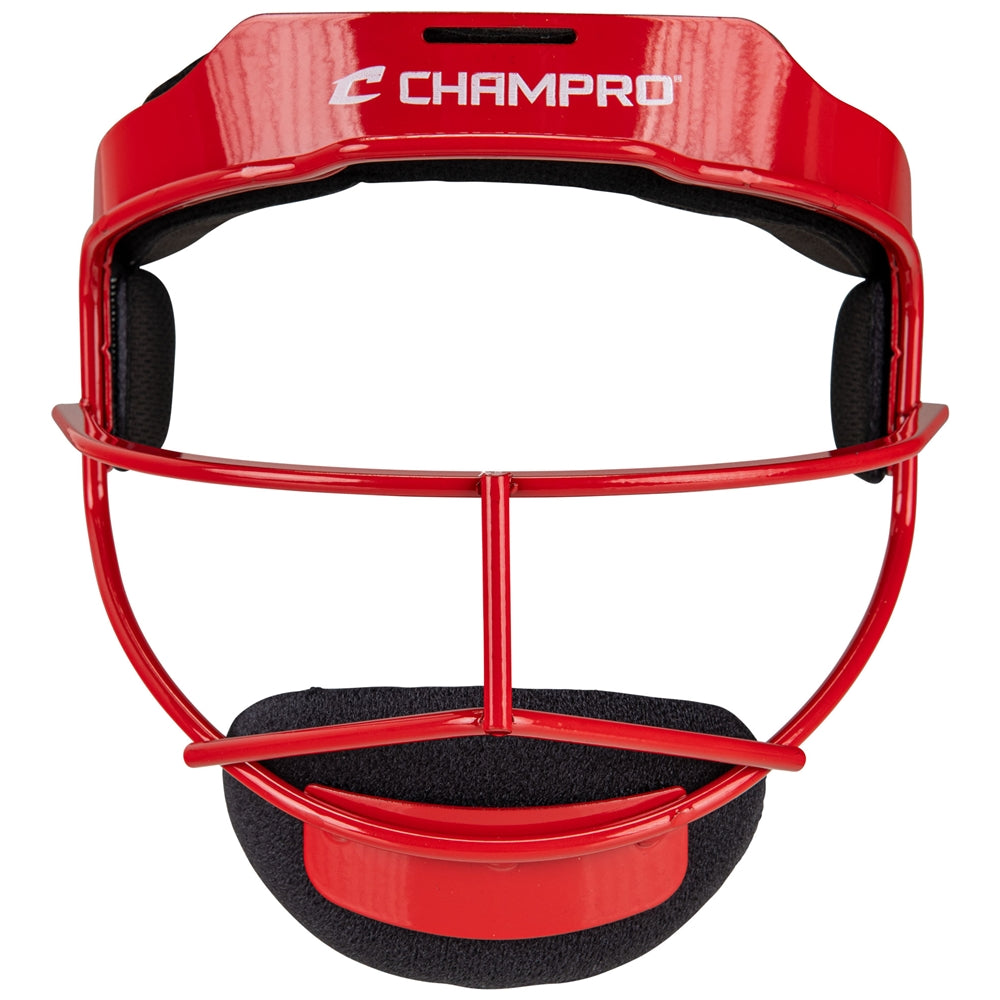 Red baseball fielder face mask with black straps on a white background, featuring the Champro logo