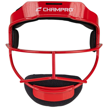 Red baseball fielder face mask with black straps on a white background, featuring the Champro logo