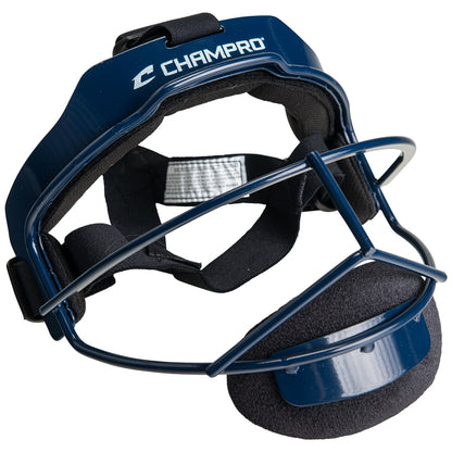 Sentry Fielder's Facemask with branding Champro on it, in navy blue color on white background