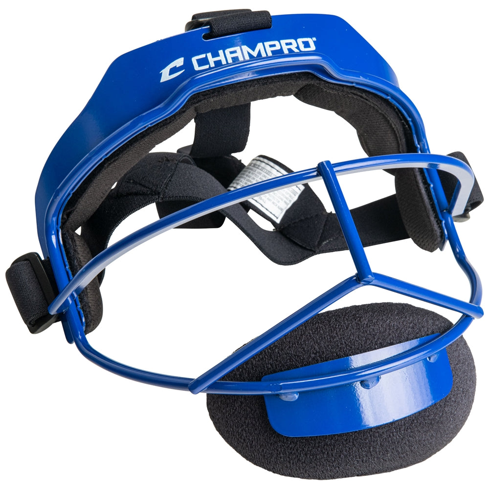 Blue baseball fielder's face mask with 'Champro' branding on a white background