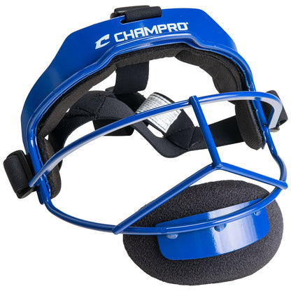 Blue baseball fielder's face mask with 'Champro' branding on a white background