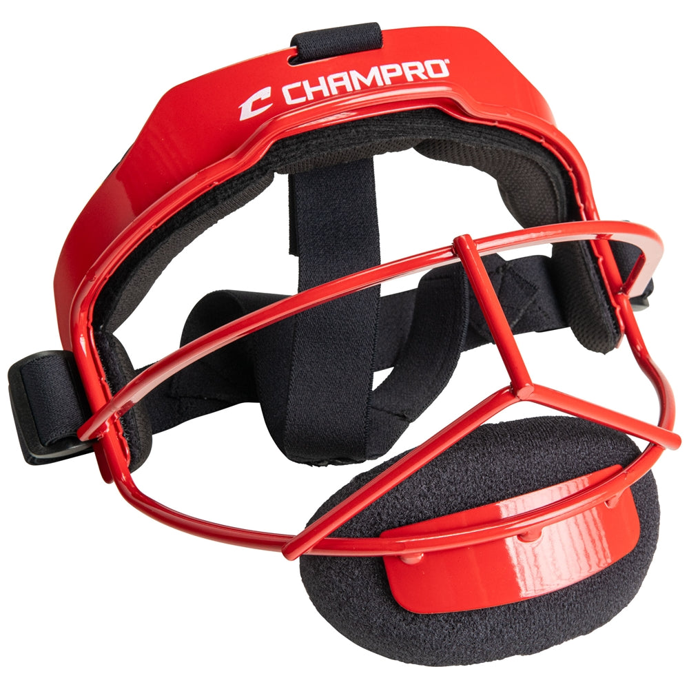 Red baseball catcher's mask with black straps on a white background, featuring the Champro logo.