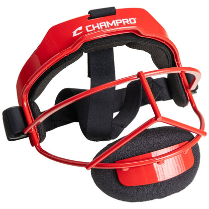 Red baseball catcher's mask with black straps on a white background, featuring the Champro logo.