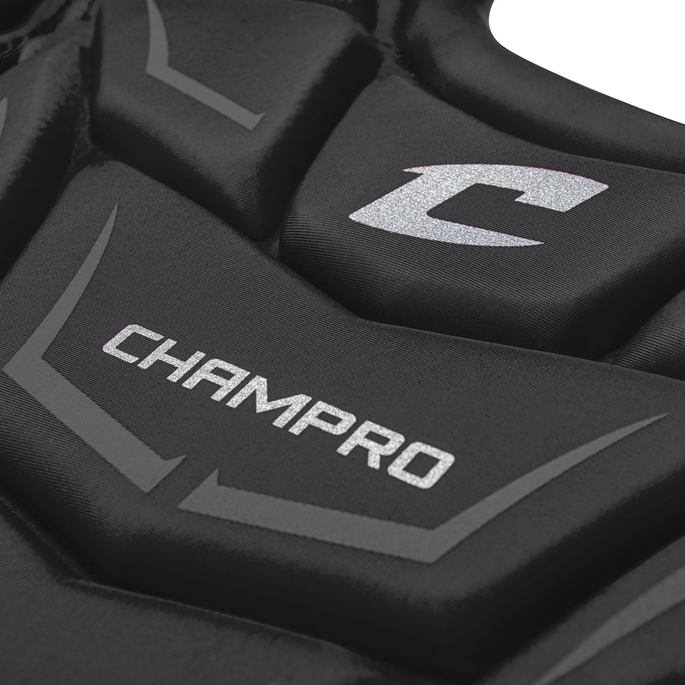 Close-up of Black Optimus Mvp Chest Protector with 'Champro' branding on a white background 