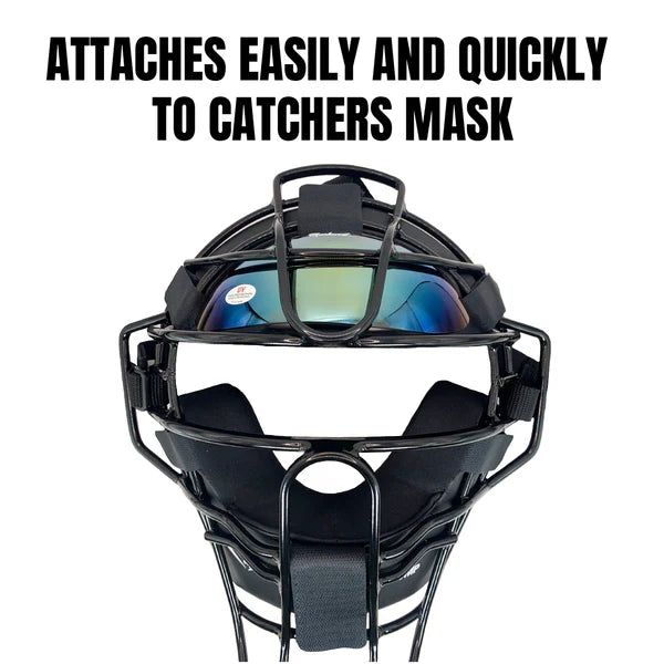 Baseball catcher's mask with Markwort PowerSwing Sun Shade in rainbow gold color attached