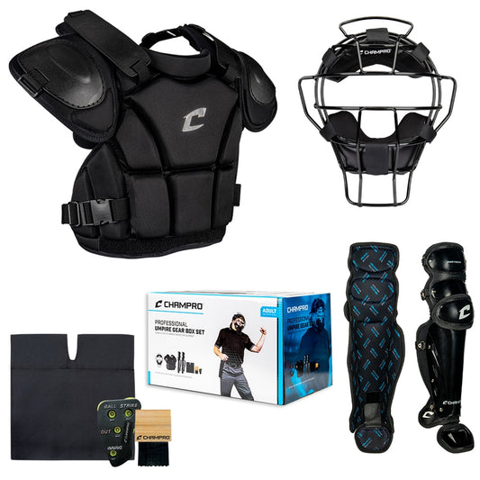 Collection of Champro baseball and softball protective gear including chest protector, mask, shin guards, and box set on a white background.