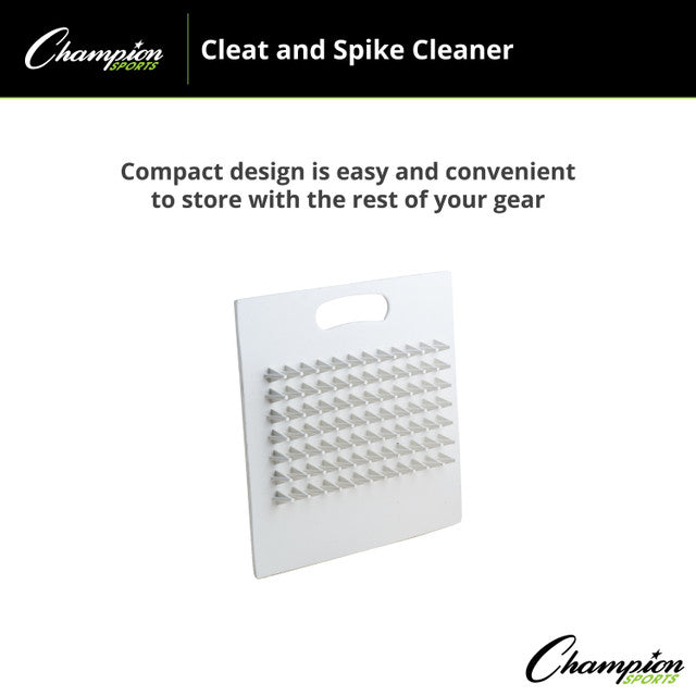 White cleat and spike cleaner with text about its compact design on a white background