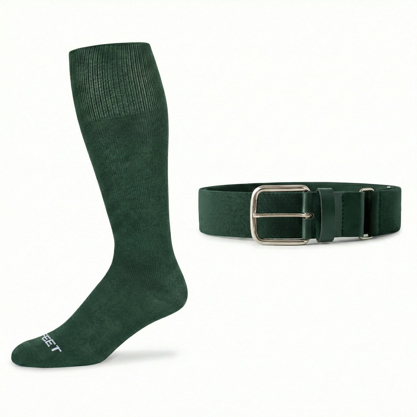 forest green colored knee-high  baseball and all sports sock and belt on a white background