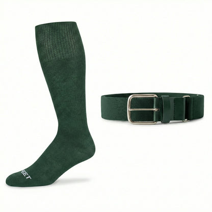 forest green colored knee-high  baseball and all sports sock and belt on a white background