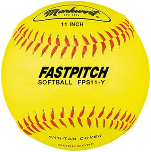 Markwort 11" Yellow Synthetic Cover Softball with red stitching on white background