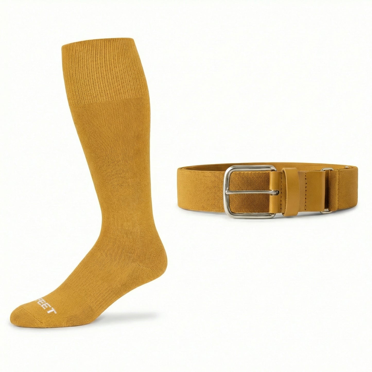 gold colored  baseball and all sports sock and belt on a white background