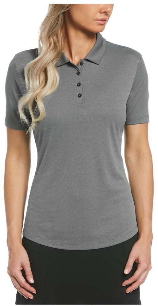 Woman wearing a gray Ladies Oxford Polo shirt on a white background