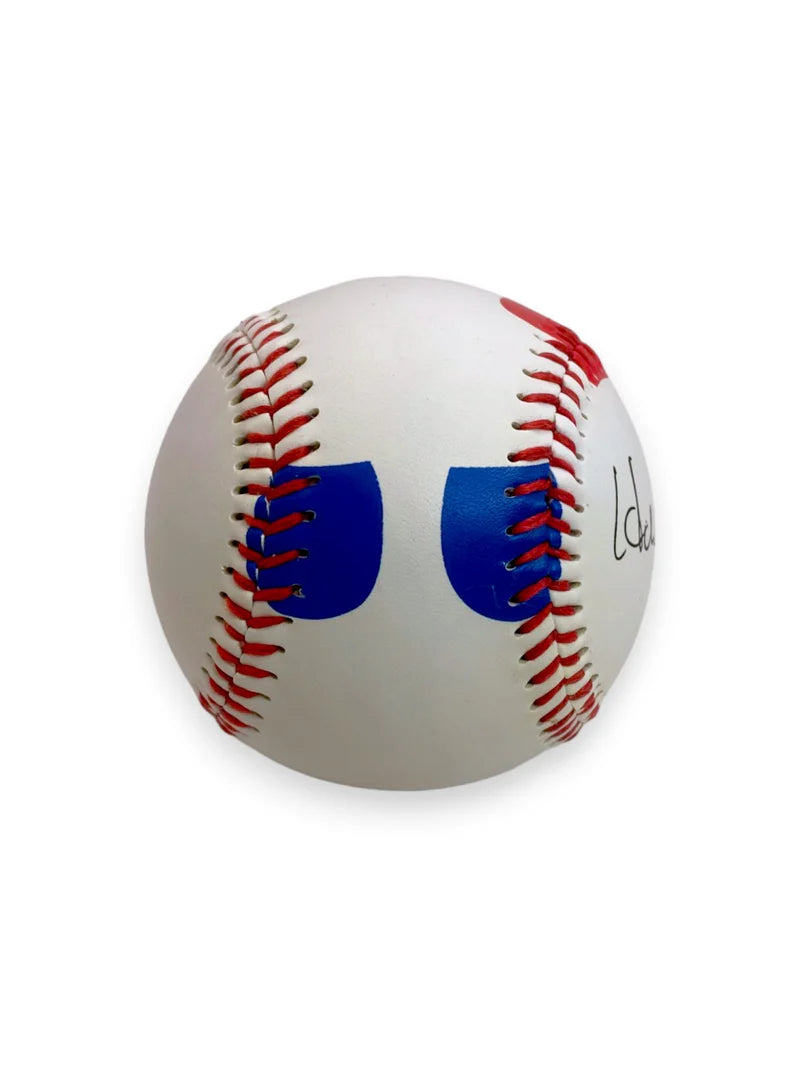 Hideo Nomo's Training Baseball in white color with red stitching on white background