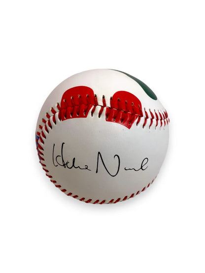 Hideo Nomo's Training Baseball in white color with red stitching on white background