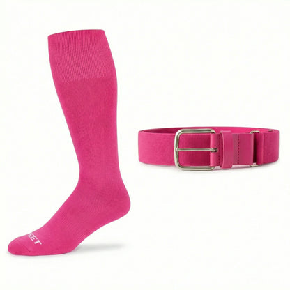 Pink knee-high  baseball and all sports sock and belt on a white background