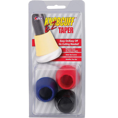 packet of 3 Knobcuff EZ Taper used for baseball grip, in blue, black and red color on white background