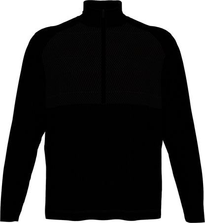 Black long-sleeve shirt with a mock neck on a white background