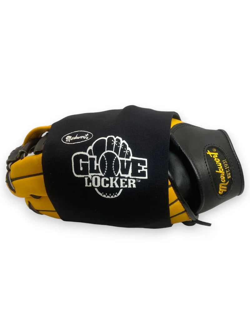 Black and yellow glove locker with 'Glove Locker' branding on a white background, product name is Glove Locker Ball Glove Break-In & Maintenance Kit
