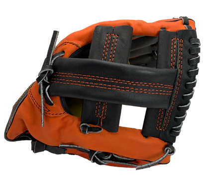 Orange and black baseball glove on a white background. glove model is Markwort 10" Baseball Glove - Right-Handed Thrower– Coach Pitch