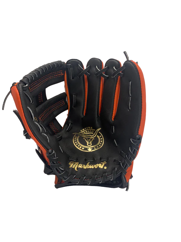 Black and orange baseball glove with 'Markwort' branding on a white background. glove model is Markwort 10" Baseball Glove - Right-Handed Thrower– Coach Pitch