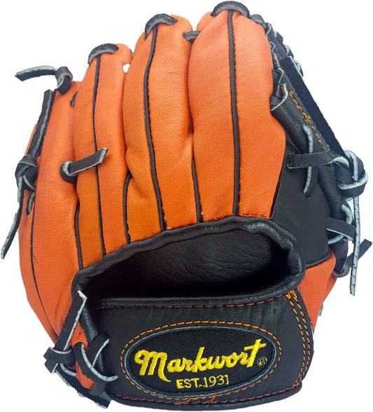 Orange and black baseball glove with 'Markwort' branding on a white background. glove model is Markwort 9" T-Ball Glove - Right Handed Throw