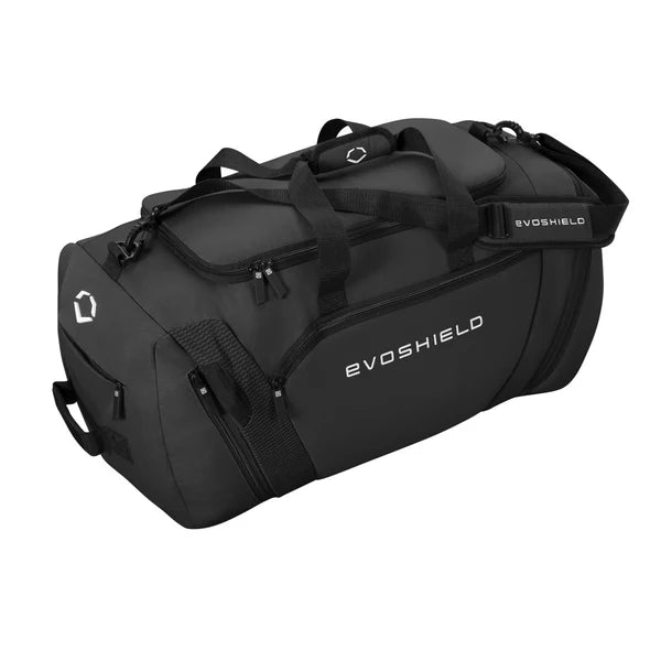 Black duffel bag with 'evoshield' branding on a white background