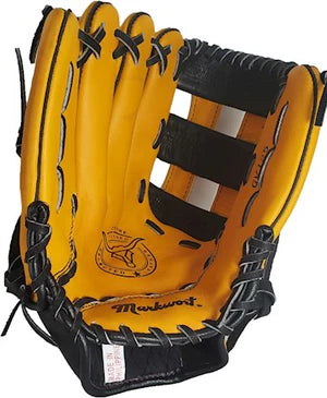 Yellow and black baseball glove with a brand Markwort logo on a white background. Glove model is Markwort G125 Ball Glove 12.5" Tan– Infield/Outfield (RHT)