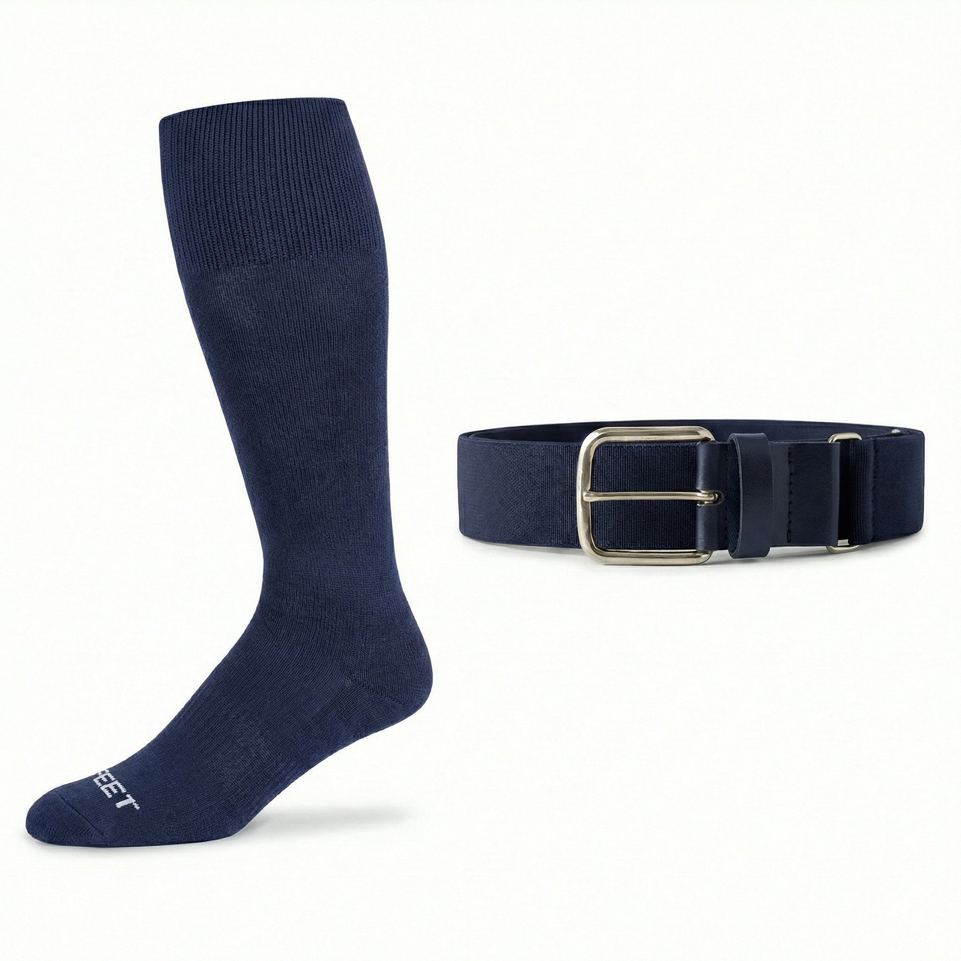 navy blue colored  baseball and all sports knee-high sock and belt on a white background