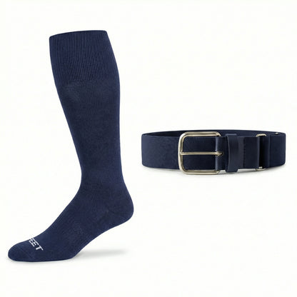 navy blue colored  baseball and all sports knee-high sock and belt on a white background