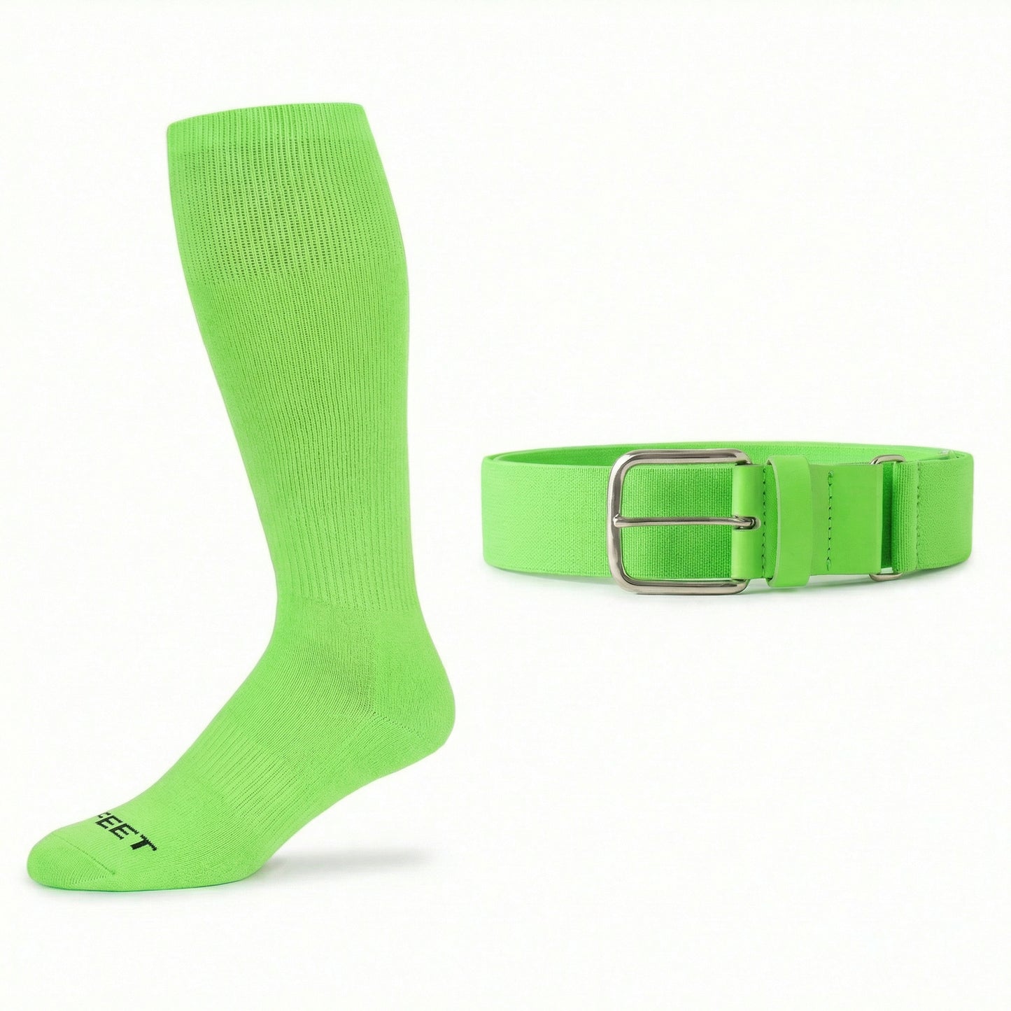 neon Green knee-high  baseball and all sports sock and belt on a white background