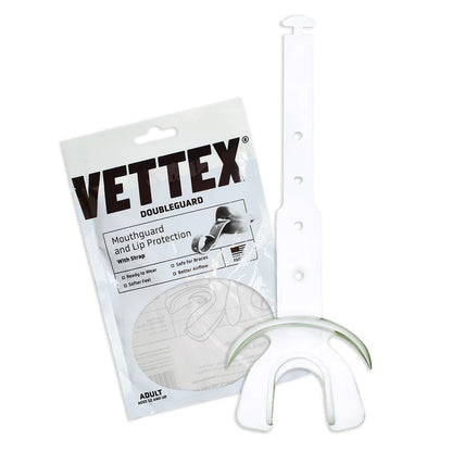clear color Vettex Doubleguard Mouthguard with Lip Protection for Adult packaging with white background