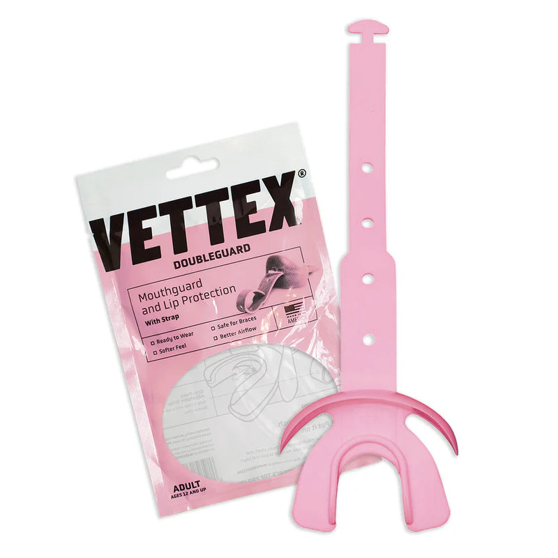 light pink color Vettex Doubleguard Mouthguard with Lip Protection for Adult packaging with white background