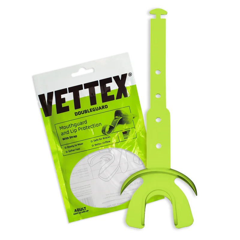 lime color Vettex Doubleguard Mouthguard with Lip Protection for Adult packaging with white background