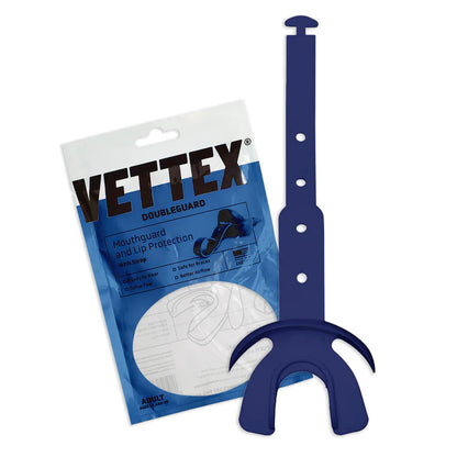 navy blue color Vettex Doubleguard Mouthguard with Lip Protection for Adult packaging with white background
