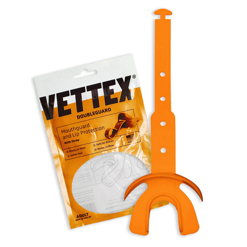 orange color Vettex Doubleguard Mouthguard with Lip Protection for Adult packaging with white background
