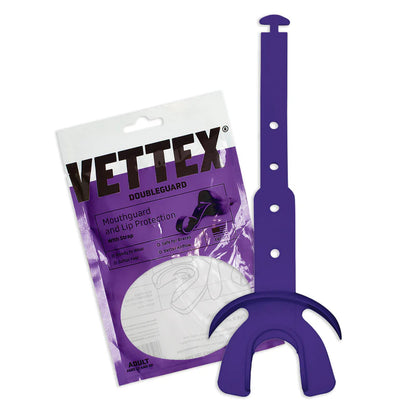 purple color Vettex Doubleguard Mouthguard with Lip Protection for Adult packaging with white background