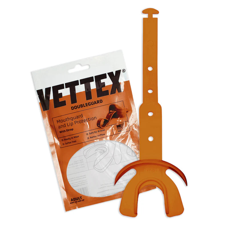 texas orange color Vettex Doubleguard Mouthguard with Lip Protection for Adult packaging with white background