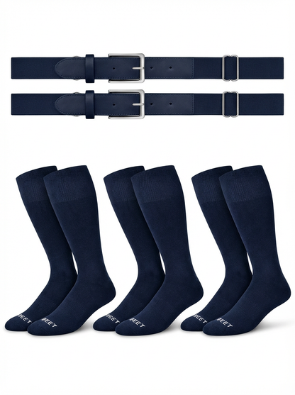 Two belts and three pairs of The sock and belt in navy color on a white background