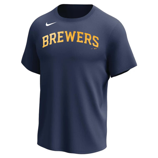 Nike MLB Replica Synthetic Crew Neck Jersey for team Milwaukee Brewers on white background 