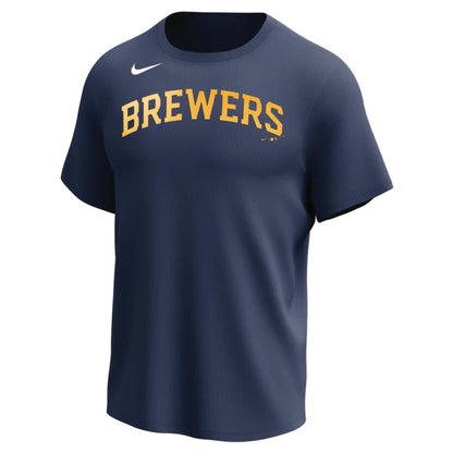 Nike MLB Replica Synthetic Crew Neck Jersey for team Milwaukee Brewers on white background 