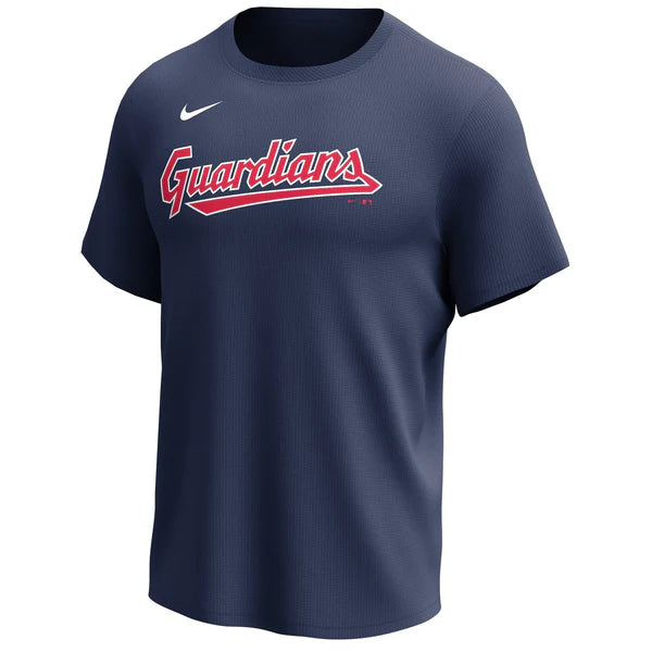 Nike MLB Replica Synthetic Crew Neck Jersey for team Cleveland Guardians on white background 