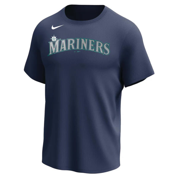 Nike MLB Replica Synthetic Crew Neck Jersey for team Seattle Mariners on white background 