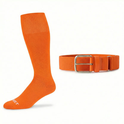 Orange knee-high baseball and all sports  sock and belt on a white background
