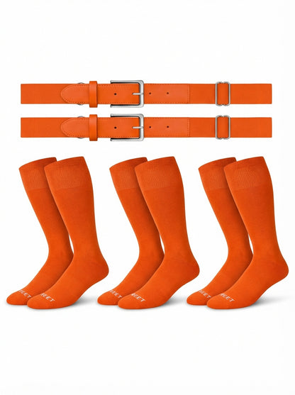Two belts and three pairs of The sock and belt in orange color on a white background