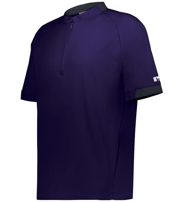 Purple short-sleeve pull over shirt with black accents on a white background