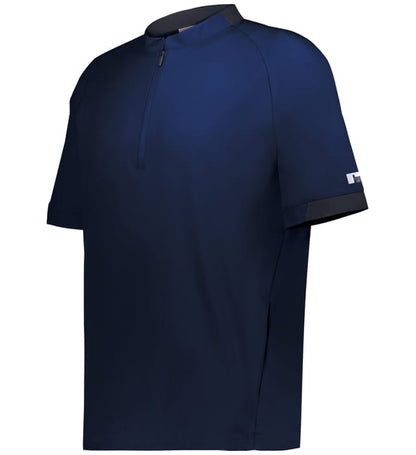 Navy blue short-sleeve pull over shirt with a brand logo on a white background