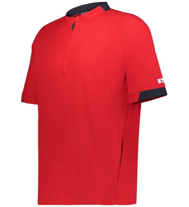 Red short-sleeve shirt with black accents on a white background