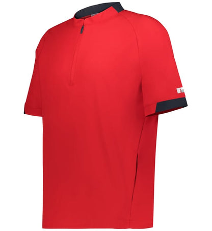 Red short-sleeve shirt with black accents on a white background